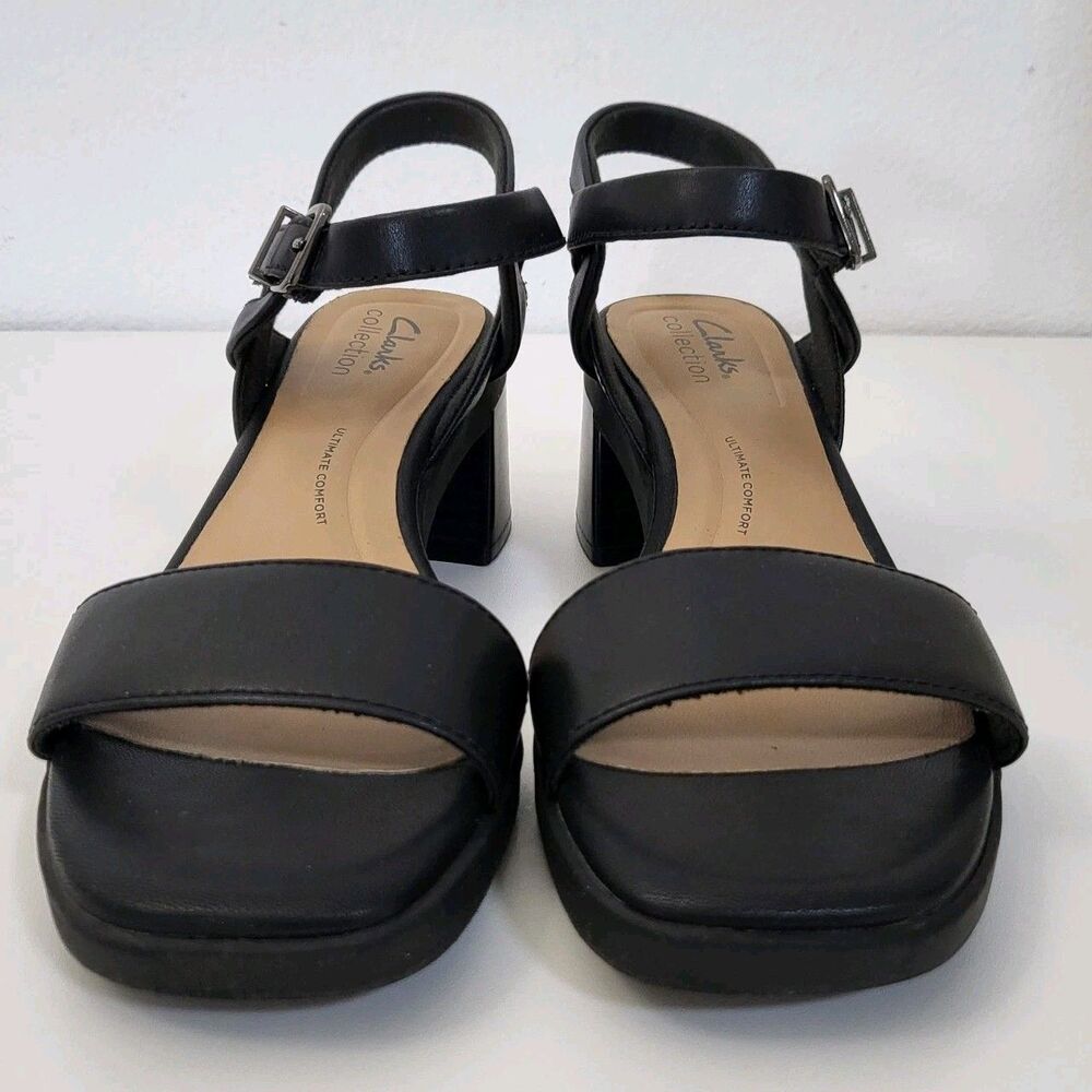 CLARKS Jaylan Ray Sandals Women 8 Black Leather Low Block Heel Slingback Comfort - Picture 3 of 9